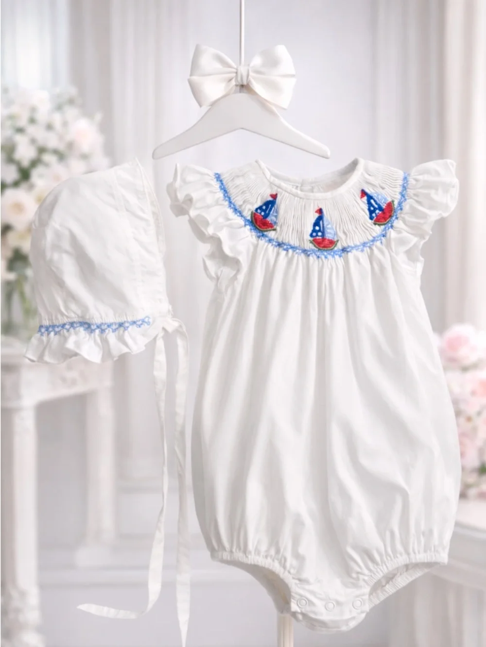 Vintage Rare Fantaisie Bébé Smocked Sailboat Bubble Romper & Bonnet Set 12M